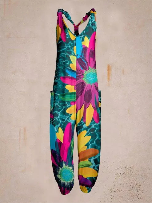 Printed Loose-Fit Plus-Size Beach Romper With Straps