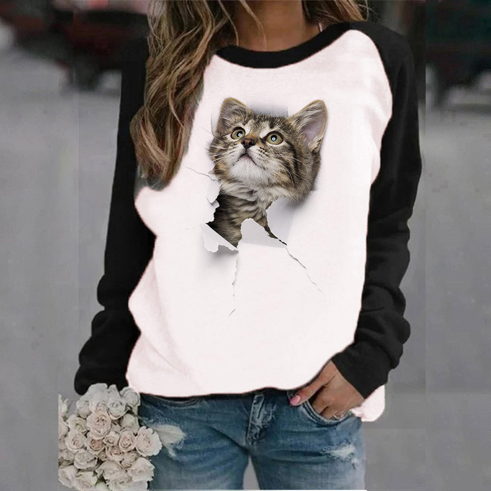 Cute Animal Print Crew Neck Sweatshirt for Women
