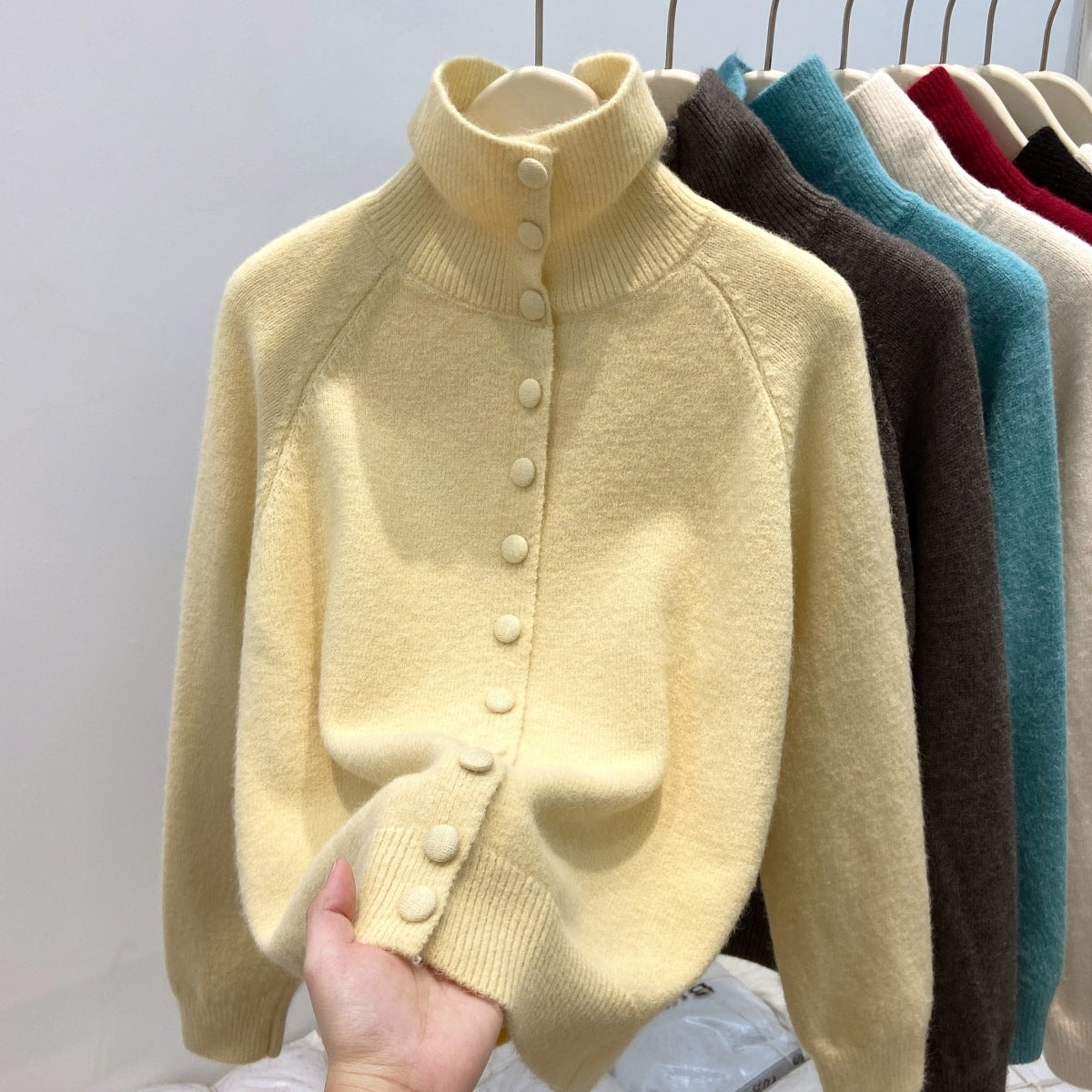 Women's Turtleneck Single-breasted Cardigan Loose and Lazy Style Knitted Sweater