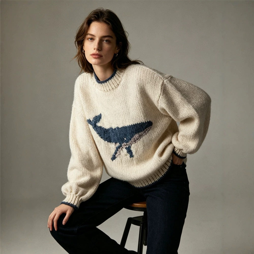 Vintage Whale Jacquard Sweater for Women