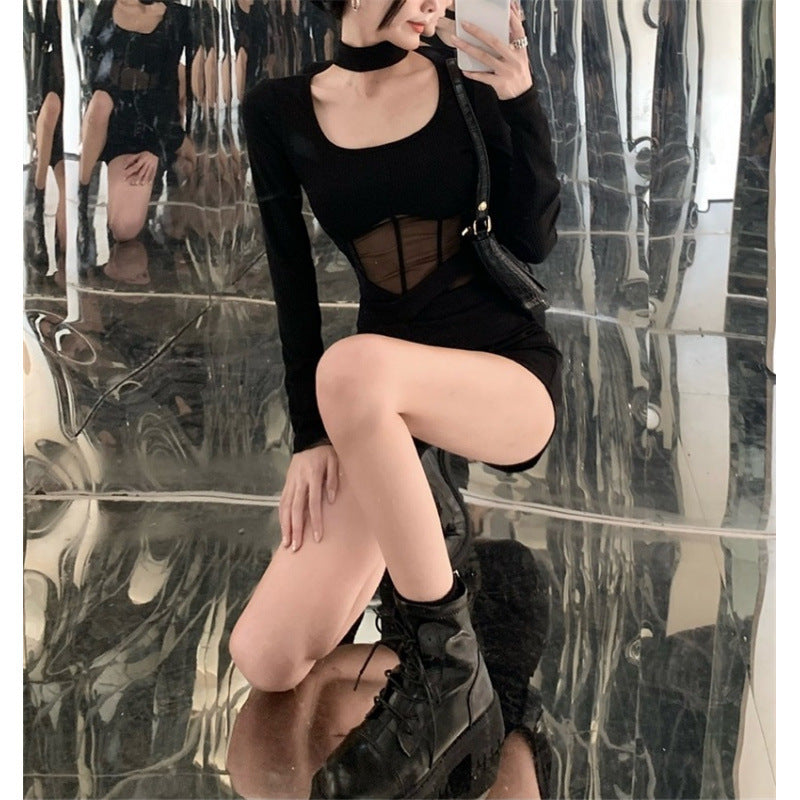 Mesh Slim Fit Sexy Hot Girl Fishbone Bottoming Shirt One-piece Scarf Detachable