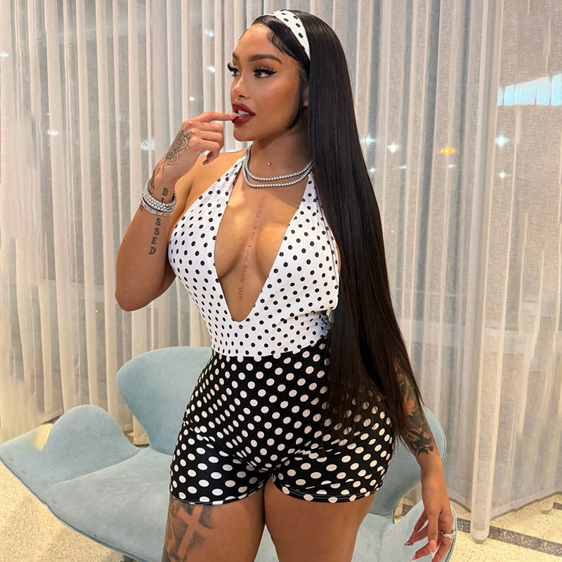 Chic Polka-Dot Halterneck Backless Jumpsuit for Women