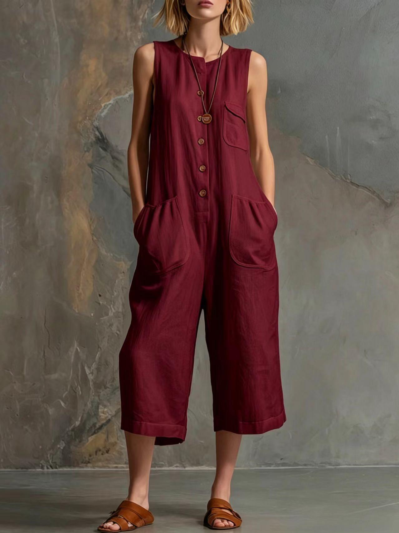 Retro Cotton-Linen Wide-Leg Cropped Jumpsuit