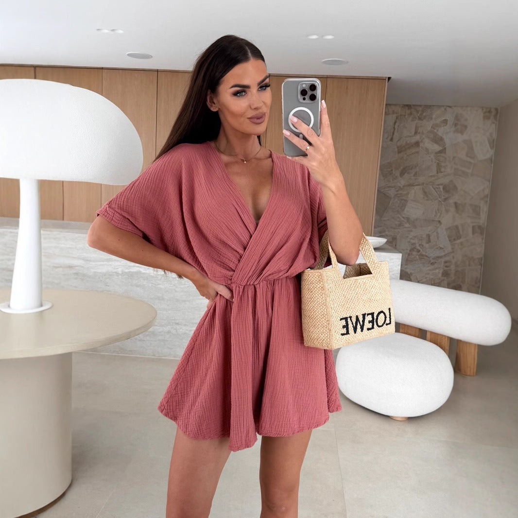 Summer V-neck Fashion Casual Waist Tight Solid Color Jumpsuit For Women