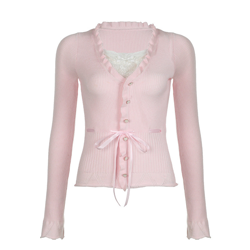 Sweet Style Lace Stitching Love Button Fake Two Pieces Sweaters Curling Top