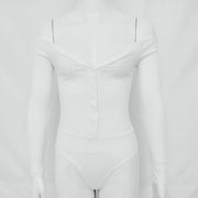 V-neck Long-Sleeved Button Jumpsuit T-shirt Blouse