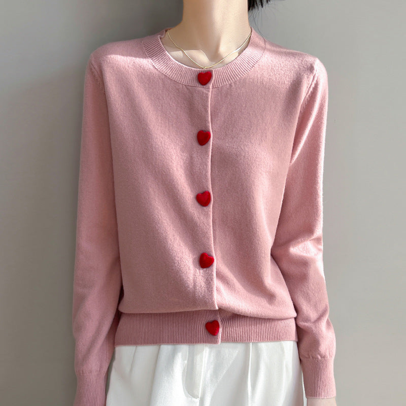 Round Neck Cardigan Red Heart Buckle Sweater for Women
