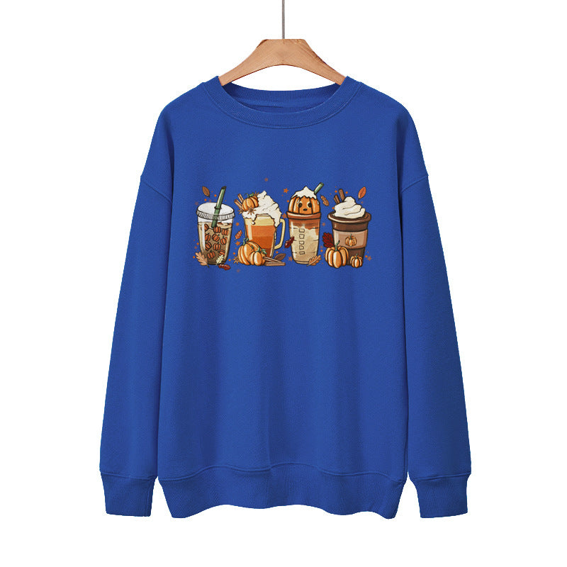 Pumpkin Coffee Halloween Casual Loose Pullover Sweatshirt