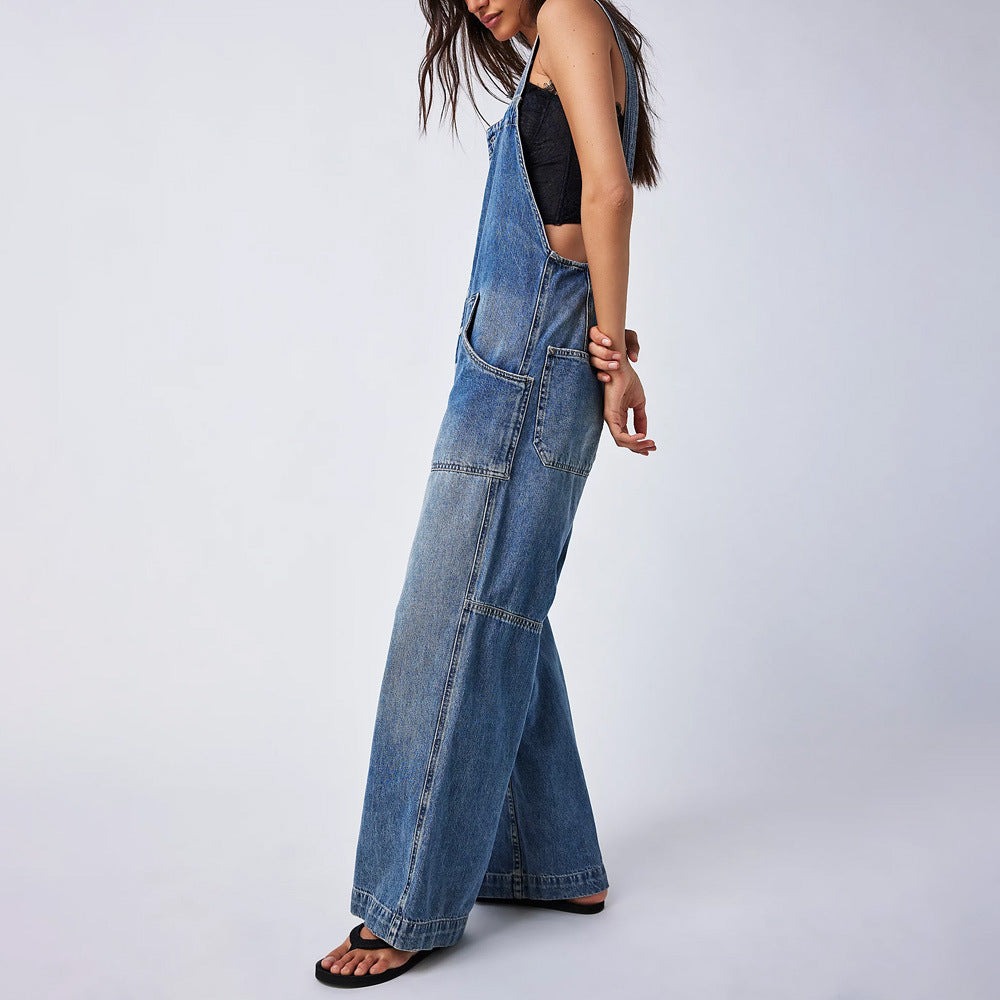 Adjustable Pocket Wide-Leg Denim Overalls Jumpsuit