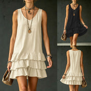 Women's Sleeveless V-neck Layered Ruffle Mini Dress - Casual Loose Fit Summer Dress