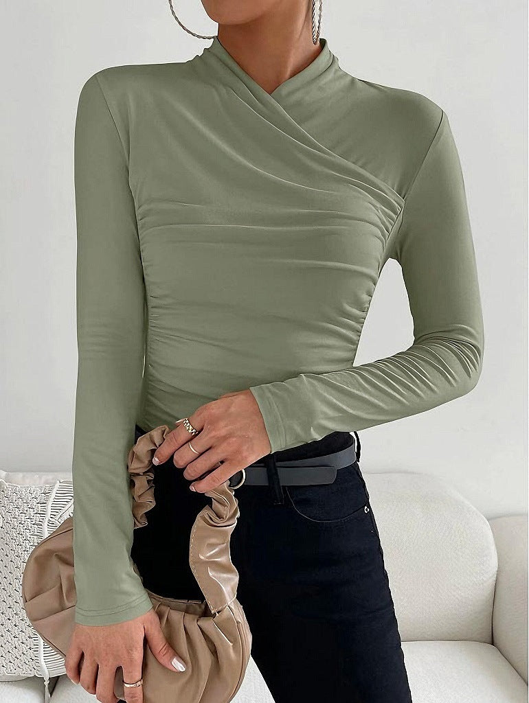 Cross Collar Pleated Slim Long Sleeve Top
