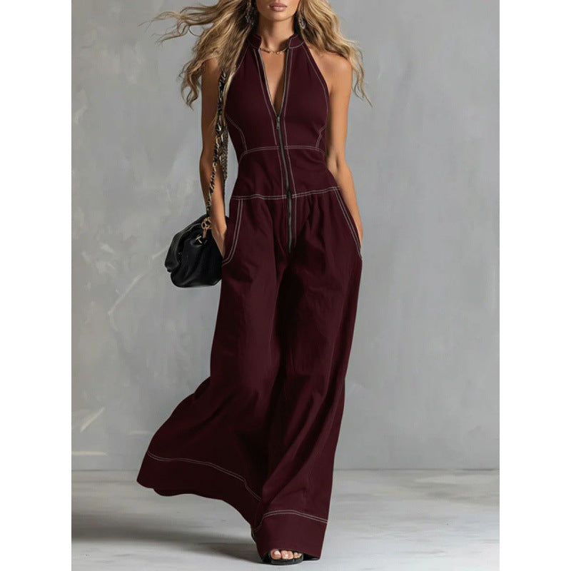 Chic Sleeveless Casual Stand-Up Collar Loose Jumpsuit