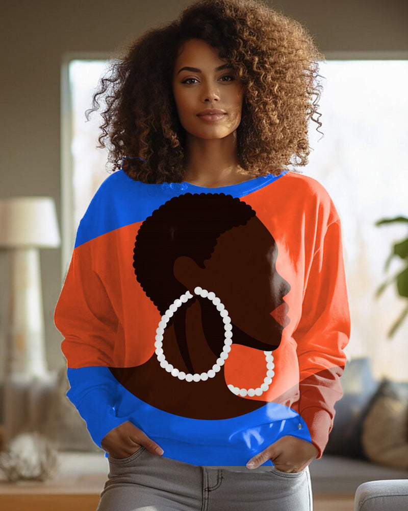 Chic Printed Long-Sleeve Round-Neck Women's Sweater