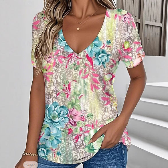 Floral V-Neck Summer Top – Short Sleeve, 3D Pattern, Lightweight