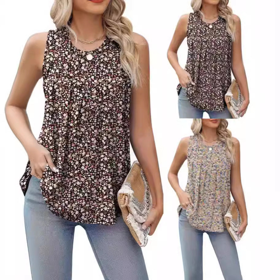 Plus Size Sleeveless Printed Vest – Loose Fit, Round Neck