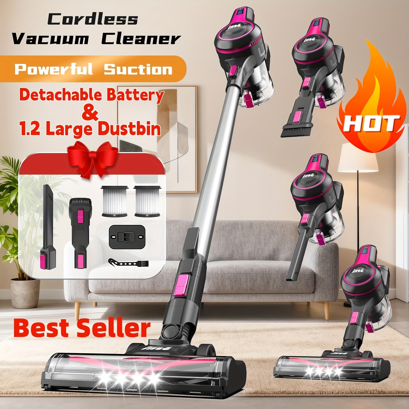 INSE Vacuum Cleaners for Home, 46KPa, 6-in-1 Rechargeable Powerful Handheld Vacuum Cleaner/High Suction/Detachable Battery, Running Time 45 Minutes, 50.5oz Dust Cup, LED Brush, Vacuum Cleaners for...