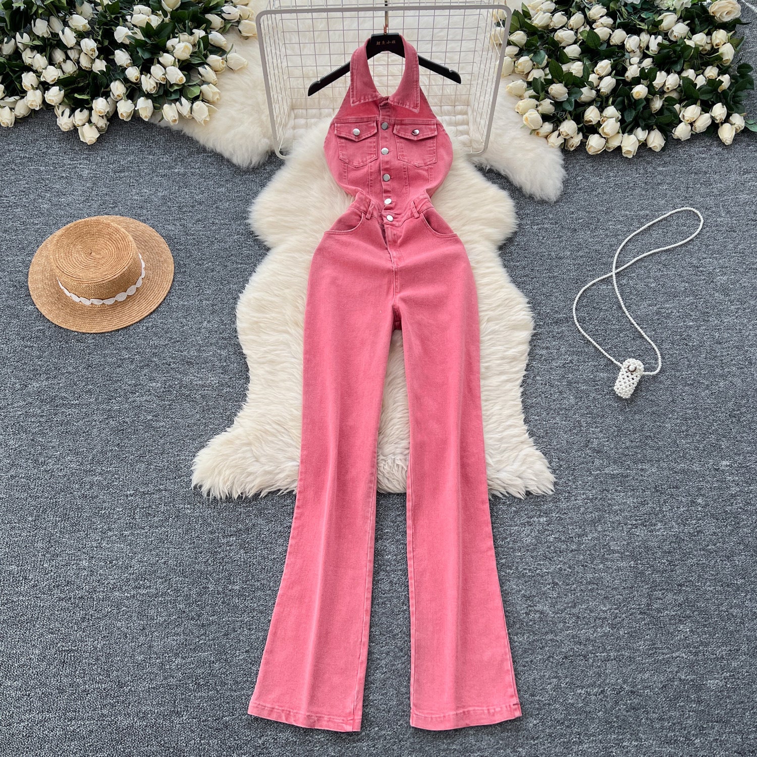 High Waist Backless Slim Fit Denim Jumpsuit