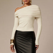 Women's Off-Shoulder Pleated Slim-Fit Long-Sleeve Top