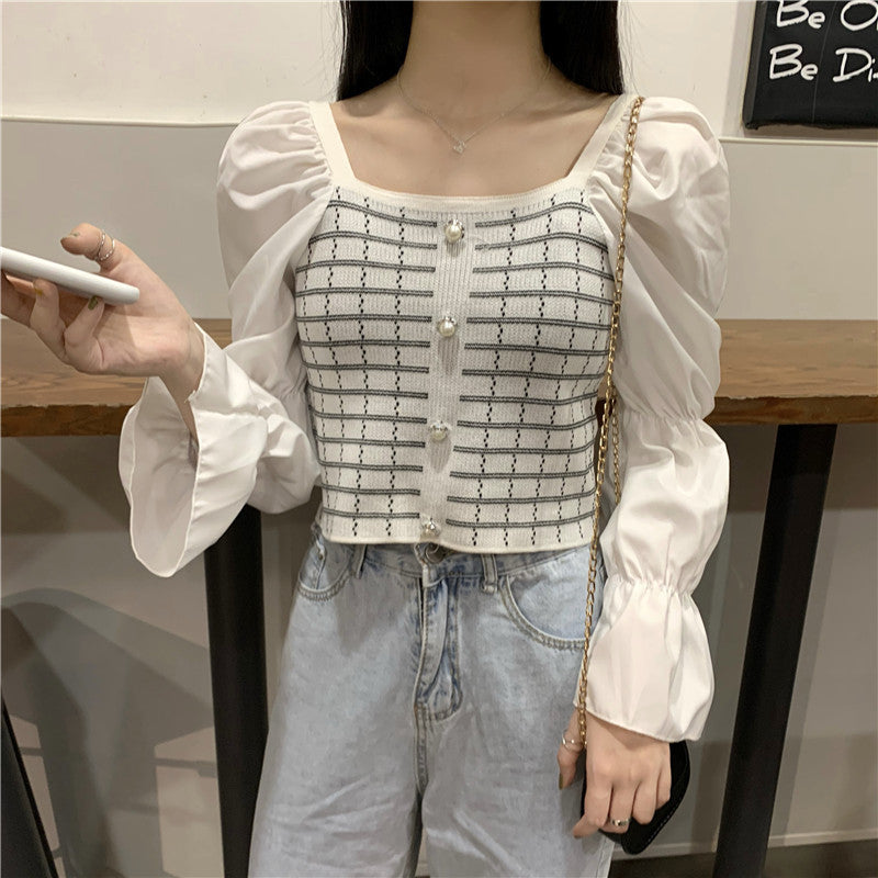 Woman Square-neck Shirt Short Temperament Shirt