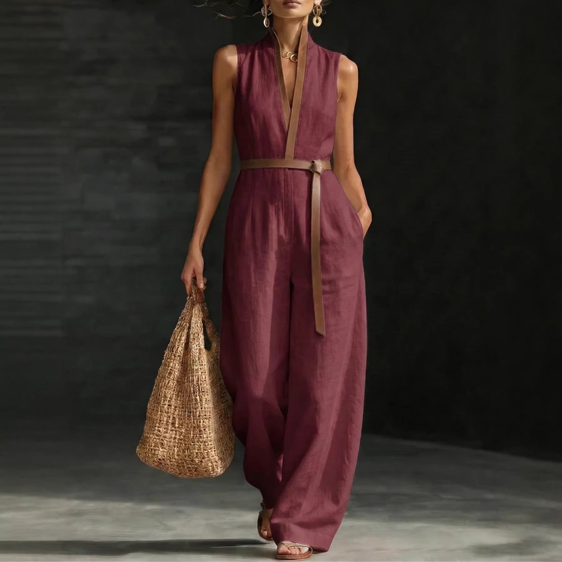 Womens Sleeveless Spliced Off-Shoulder Loose Jumpsuit