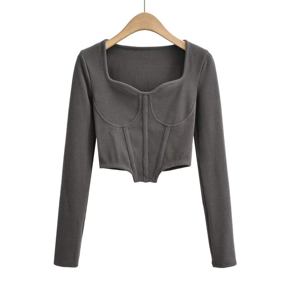 Slim Fit Open Waist Square Collar Long Sleeve Crop Top