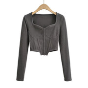 Slim Fit Open Waist Square Collar Long Sleeve Crop Top