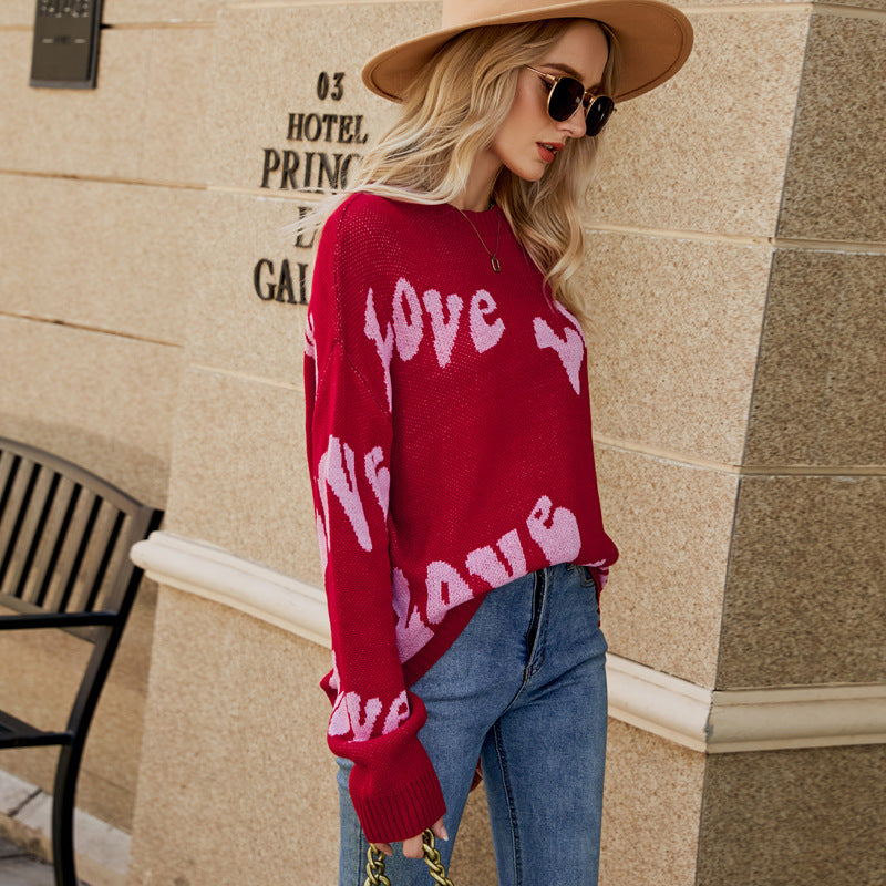 Women's Simple Letter Jacquard Oversized Pullover