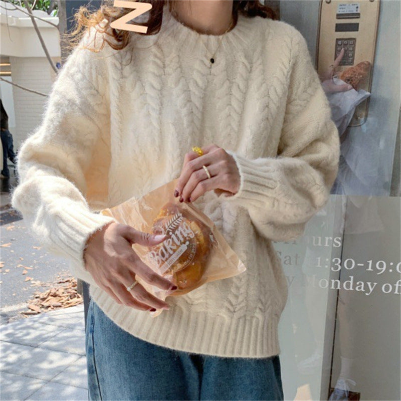 Korean-style Laid-back Knit Sweater Loose-fitting Cable-knit Thickened Top