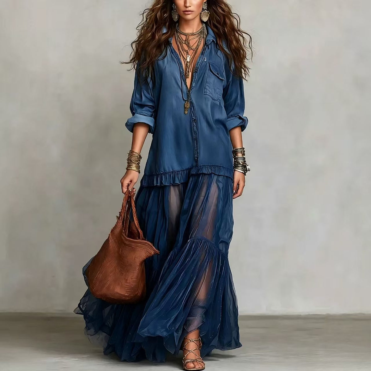Retro Collar Long Dress with Casual Pockets