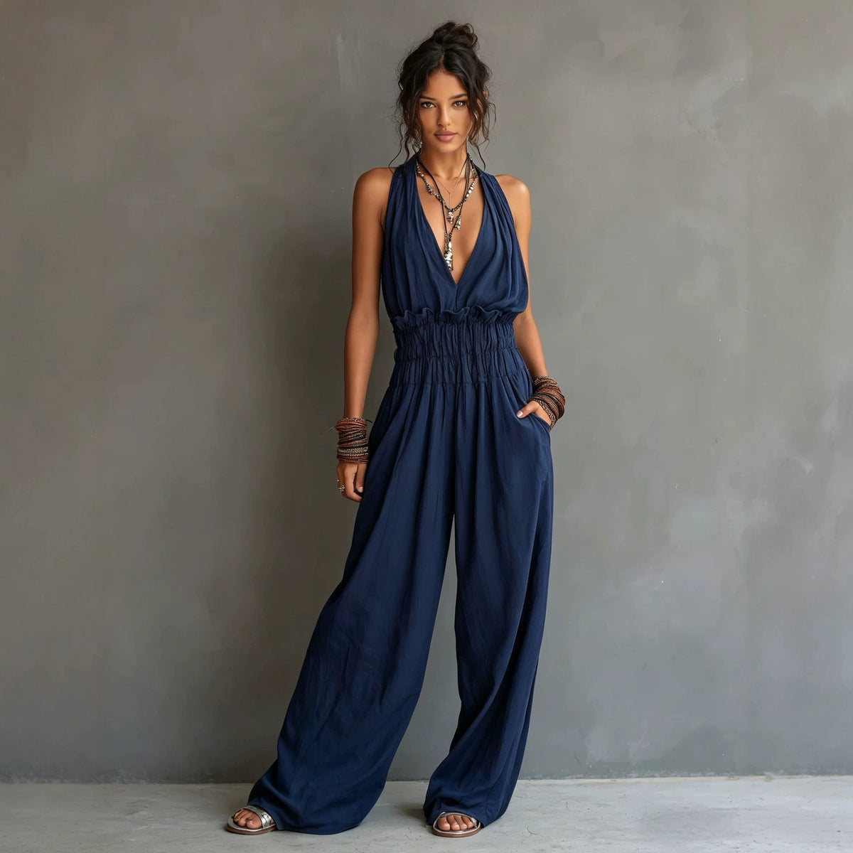 Halter V-Neck Waist-Cinching One-Piece Jumpsuit