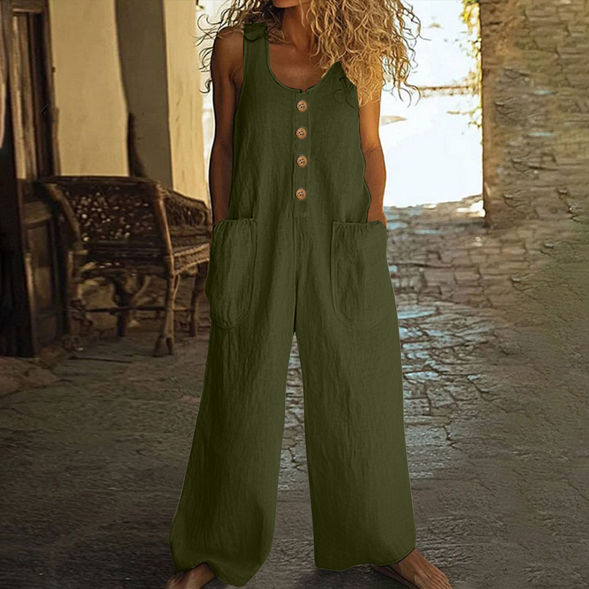 Casual Sleeveless Cotton Wide Leg Jumpsuit with Pockets