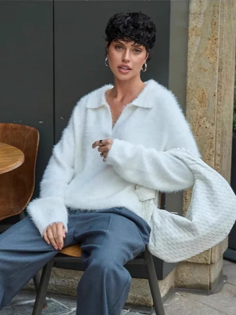 Womens Autumnwinter Mock Mink-feel Knitted Turtleneck Sweater in a Relaxed Plus-size Fit