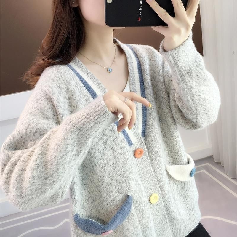 Womens Loose-fitting Outerwear Sweater with Contrasting-color Pockets