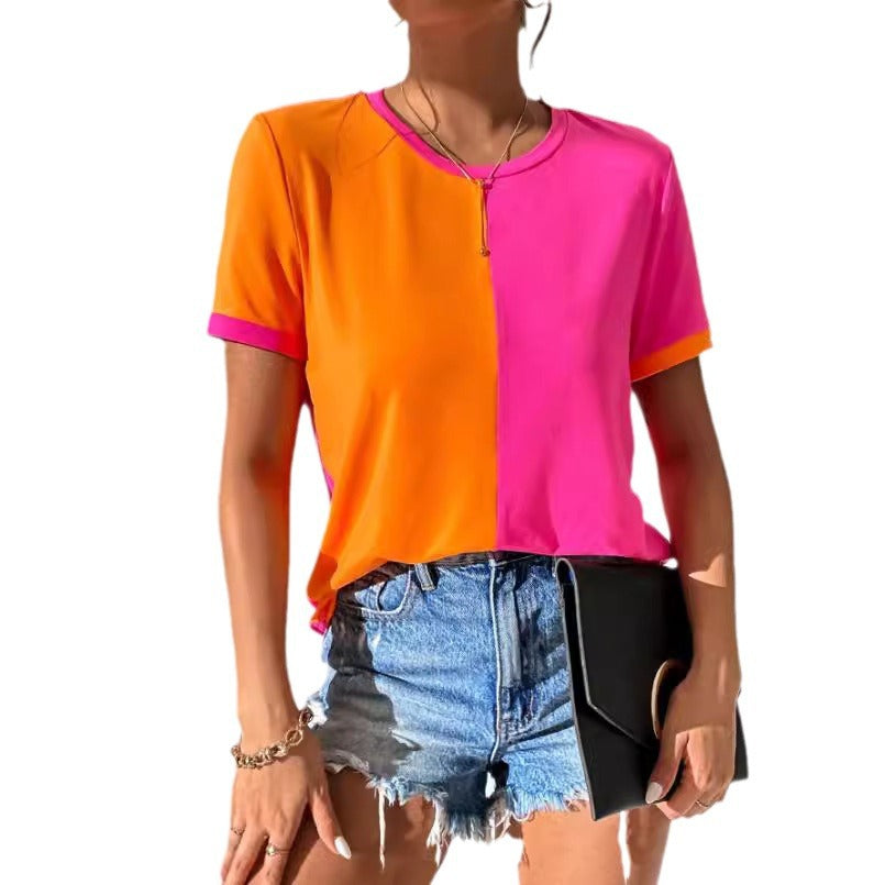 Casual Colorblock Short Sleeve Round Neck Tee