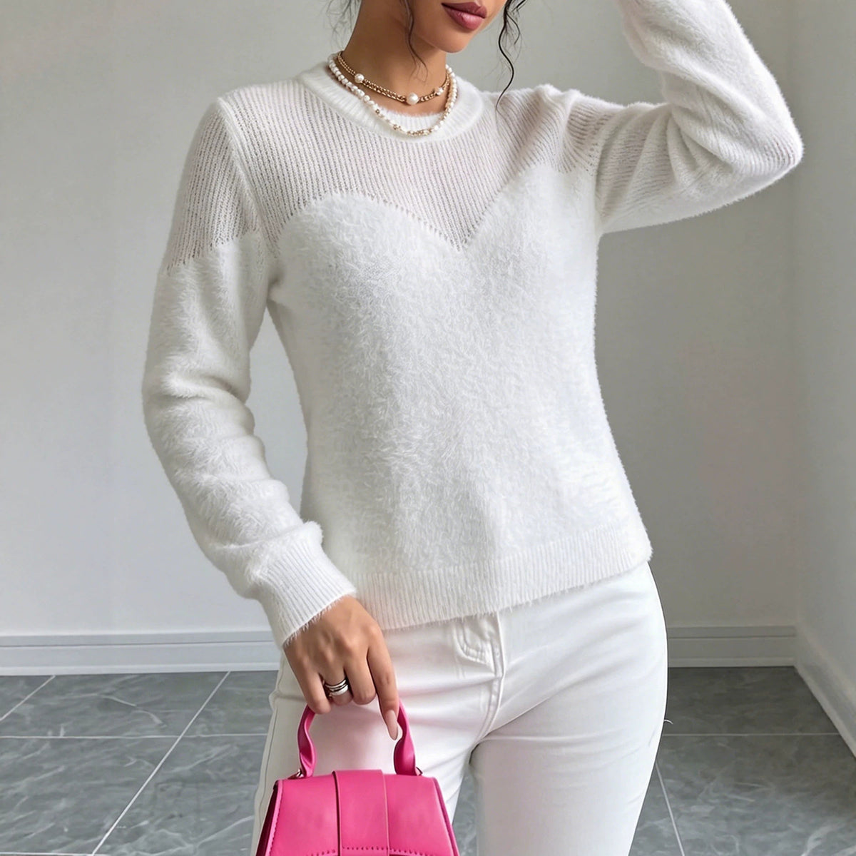 Womens Long-sleeve Knitted Sweater with a Round Neckline and a Full-circle Cutout Design Around the Chest