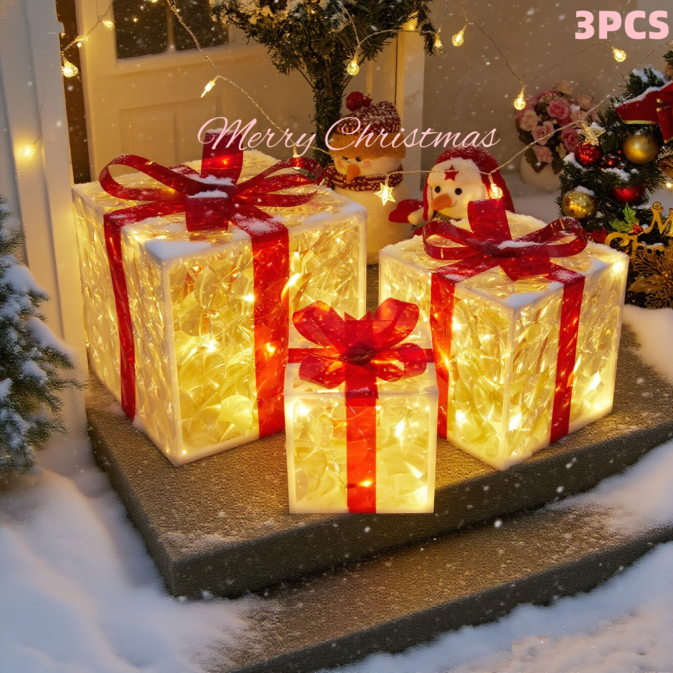 3pcs Lighted Christmas Gift Box Set with Warm LED Lights & Snowy Ribbon Bows