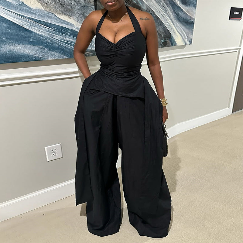 Halter V-Neck High Waist Wide Leg Jumpsuit