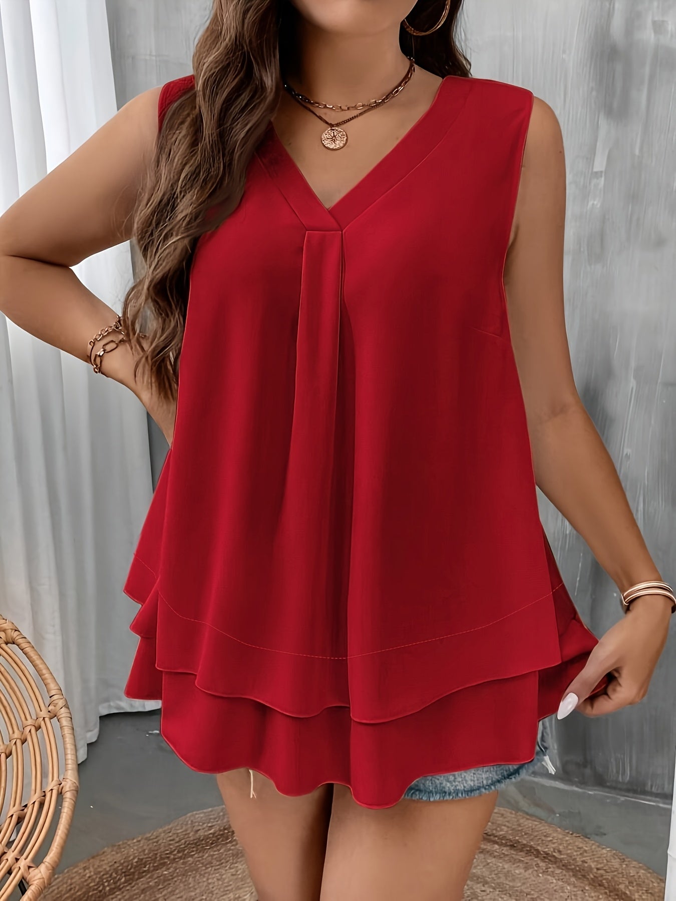 Plus Size V‑Neck Chiffon Sleeveless Tank Top – Solid Color