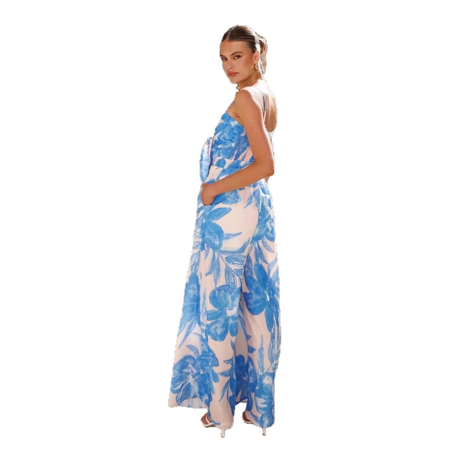 Womens Printed Knotted Wide-Leg High-Waist Straight Jumpsuit