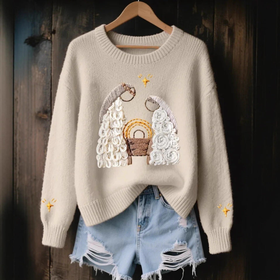 3d Digital-print Womens Crew-neck Loose Retro Jacquard Pullover Sweater