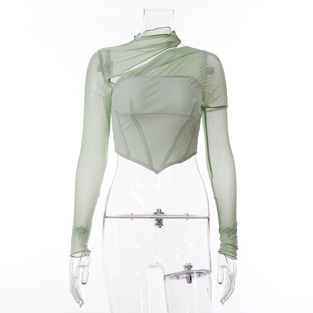 Women's Mesh Splicing Slim Fit Long Sleeve Top