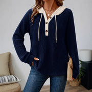 Loose-fit V-neck Buttoned Hooded Casual Womens Top with Drawstring