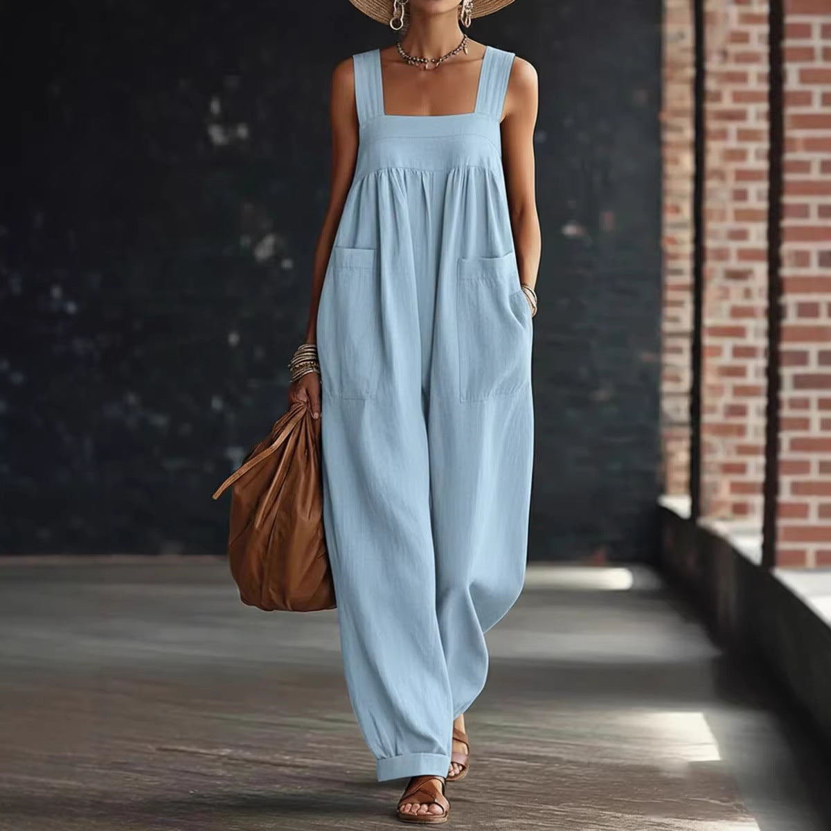 Elegant Solid Pocketed Women's Linen Jumpsuit