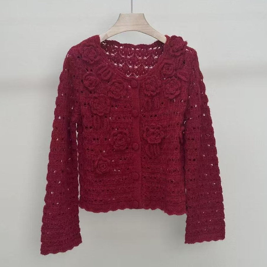 Angolan Red Rose 3d Crochet Hollow-out Vintage Knitted Cardigan Sweater