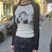 Women's Printed Ribbed Raglan Contrast T-Shirt