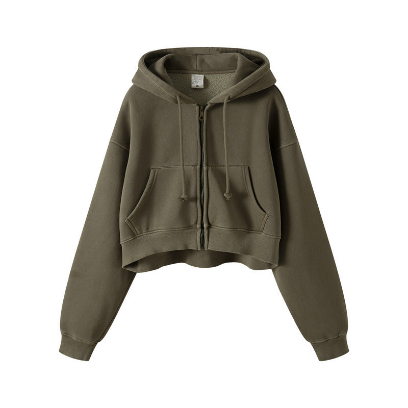 Washed Plush Zipper Hooded Sweater Retro Hot Girl Blouse