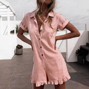 Women's Casual Cotton-Linen Pleated Shirt Jumpsuit