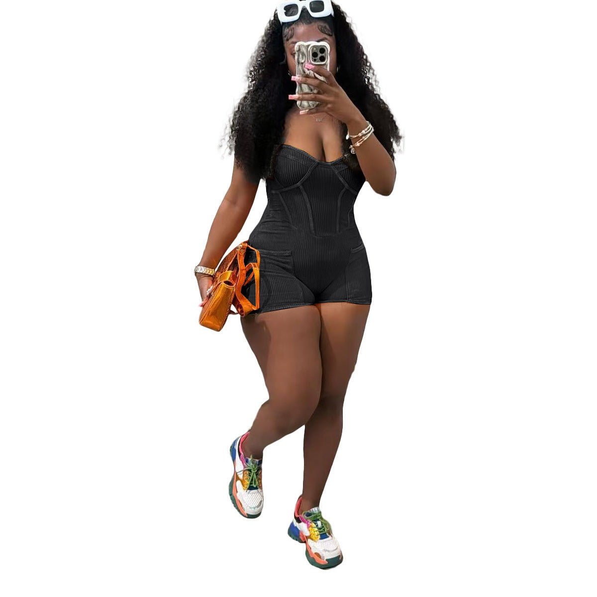 Hot Girl Sleeveless Strap Tube Top Tight One-piece Pocket Shorts