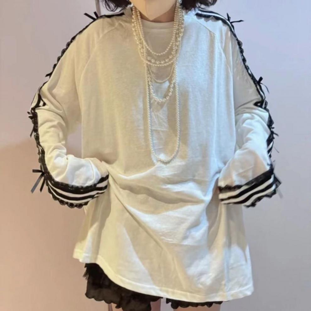 Chic Lace-Trim Bow Long Sleeve Top