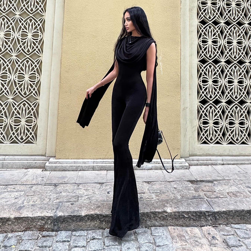 Elegant High-Waist Mesh Jumpsuit with Flowing Ribbons